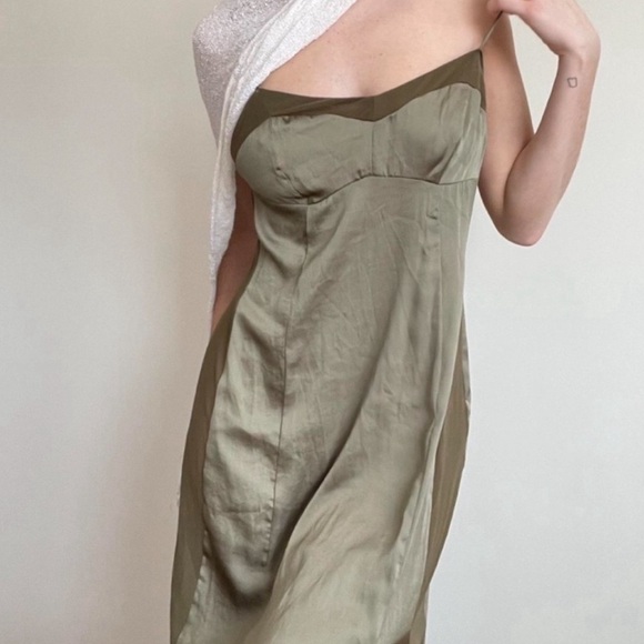 FREE PEOPLE Intimately City Cool Midi Slip Dress Olive Satin Sheer Khaki Green L - Picture 2 of 10